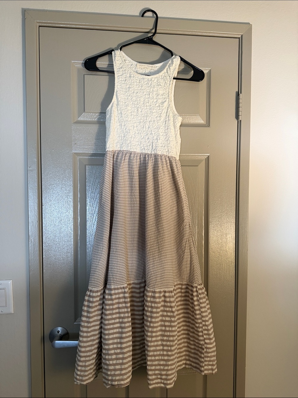 Sleeveless White Bodice Tan Striped Maxi Dress